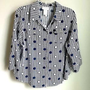 Alfred Dunner Women's PL Petite Large Navy and White Button Up 100% Cotton Shirt